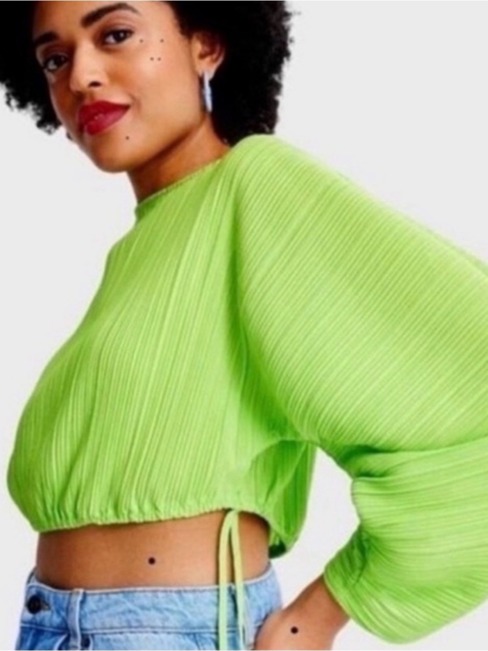 Future Collective Gabriella Long Croissant Sleeve Plisse Top Lime Green XXL NWT